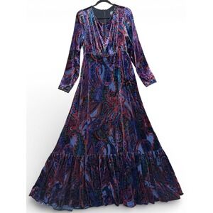 Anthropologie Burnout Velvet Paisley Maxi Dress 12 Blue Red Boho Long Sleeve
